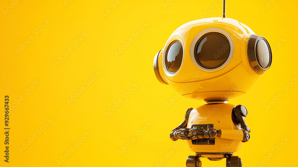 A cheerful yellow robot with large round eyes stands against a bright yellow background, showcasing its friendly design and futuristic features A cheerful yellow robot with large round eyes stands against a bright yellow background, showcasing its friendly design and futuristic features