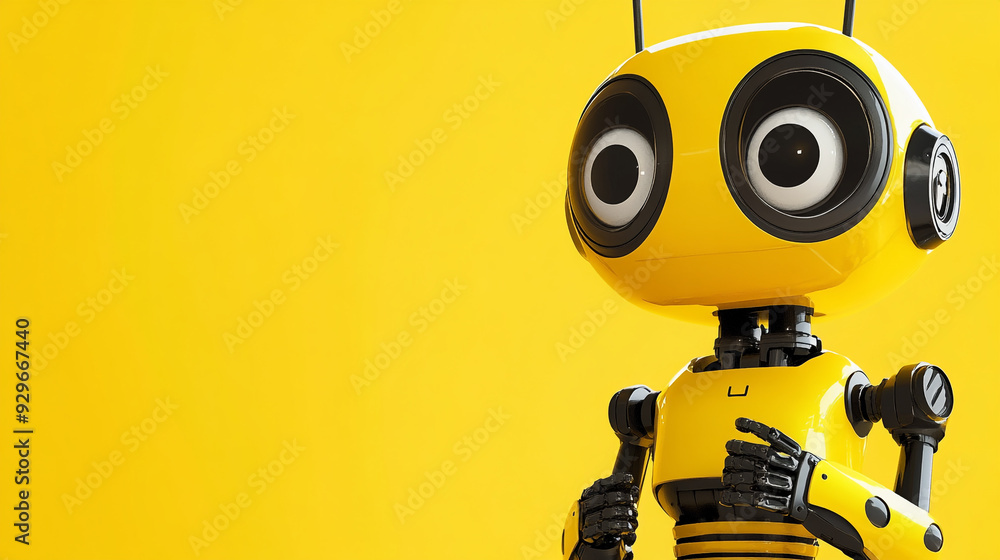 Yellow robot character with large eyes poses against a bright yellow background Yellow robot character with large eyes poses against a bright yellow background
