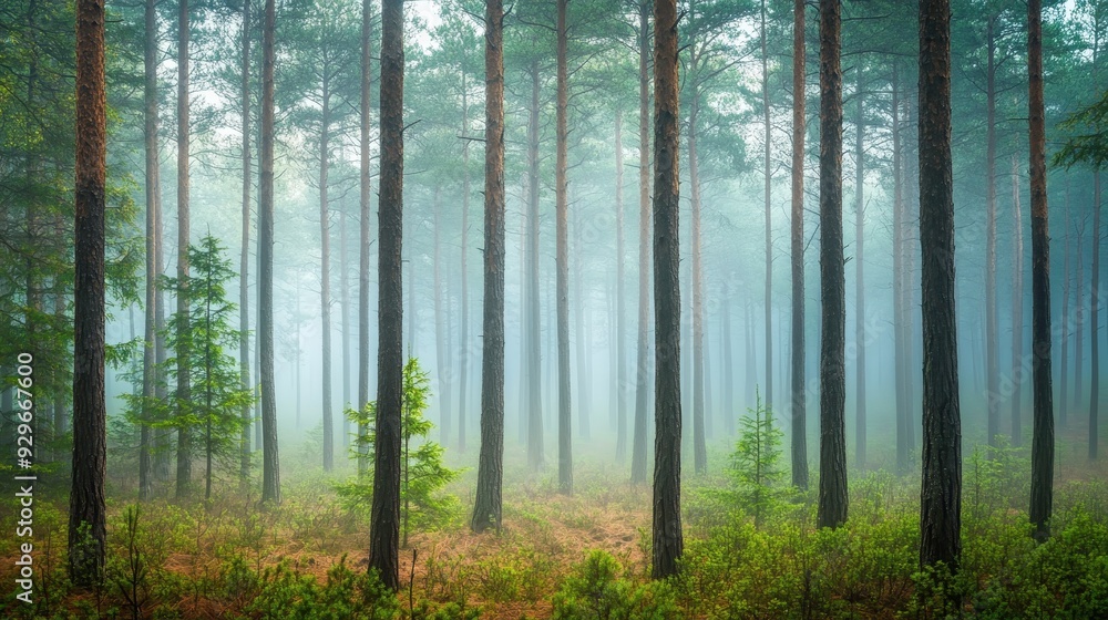 Fototapeta premium A serene forest scene shrouded in mist, showcasing tall trees and lush undergrowth.