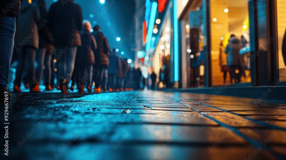 Black Friday a vibrant night scene capturing a bustling street lined with shops and people amidst glowing neon lights. Black Friday a vibrant night scene capturing a bustling street lined with shops and people amidst glowing neon lights.
