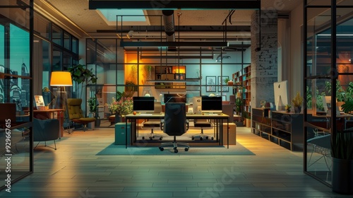 LGBTQ worker staying late to finish a project, focused on tasks, quiet and productive atmosphere, inclusive work environment, dedication and professionalism, modern setup