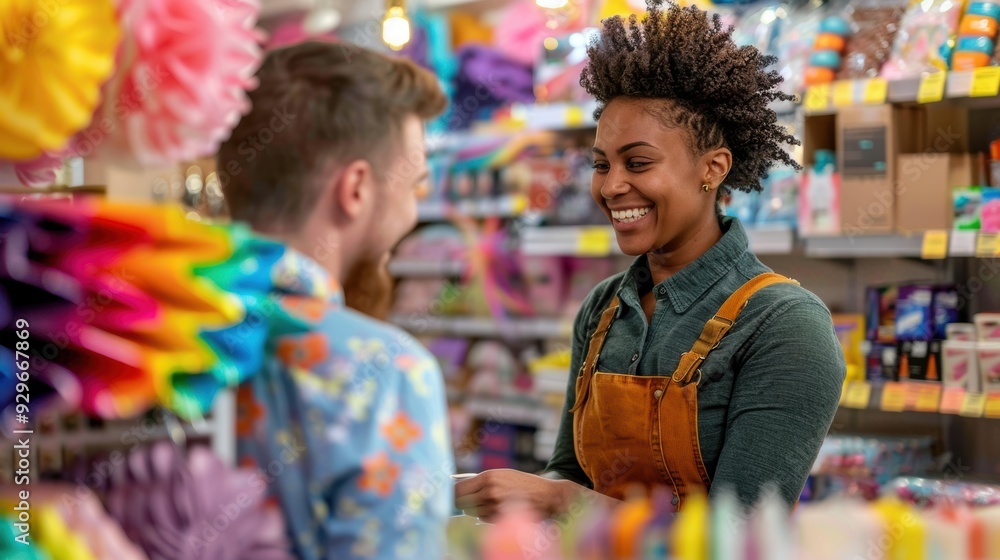 LGBTQ employee assisting a customer at a local store, friendly and inclusive interaction, well-decorated shop, positive shopping experience, bright and inviting environment LGBTQ employee assisting a customer at a local store, friendly and inclusive interaction, well-decorated shop, positive shopping experience, bright and inviting environment
