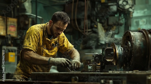 Dynamic Mechanical Engineer in Rugged Industrial Setting: Perfect Poster for Sports Interior, Showcasing Complex Machinery, Tools, and a Dedicated Work Ethic in Action!