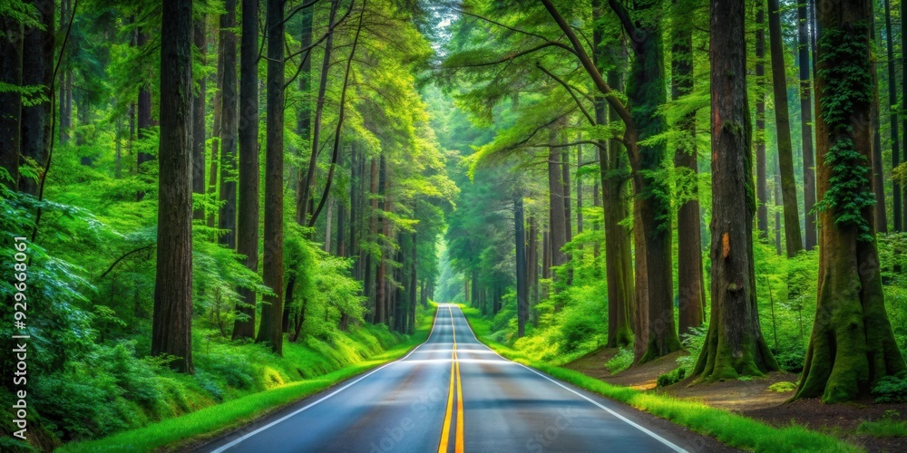 Obraz premium Scenic highway through lush forest with towering trees and vibrant greenery, nature, trees, forest, road, highway