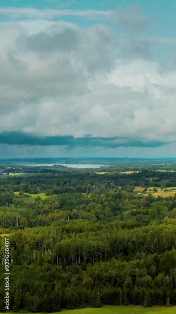 Vertical Drone shot of storm clouds above Forest in Verdant Countryside. Vertical Drone shot of storm clouds above Forest in Verdant Countryside.