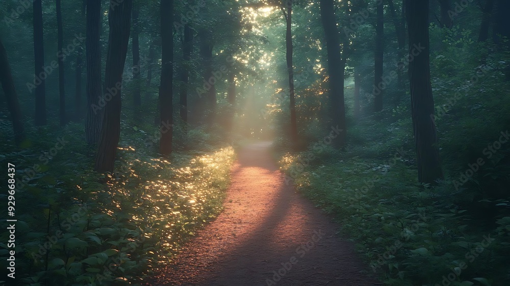 Obraz premium Sunbeams Through The Forest Path Realistic Image