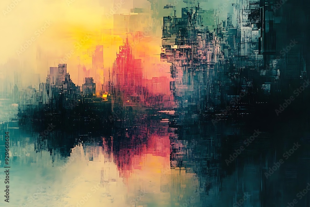 Obraz premium Digital Cityscape Illustration - Abstract Background with Sunset and Reflections