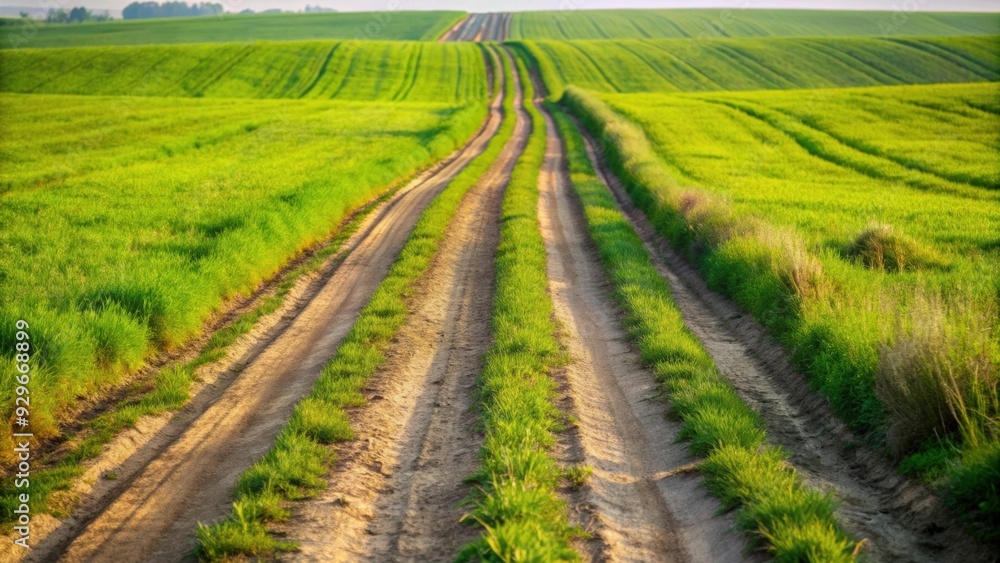 Naklejka premium Grassy patch between wheel tracks on Bulgarian farm road, Bulgaria, farm road, agricultural, countryside, rural, tracks