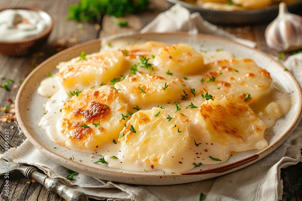Potato gnocchi with cheese and parsley on a plate Potato gnocchi with cheese and parsley on a plate