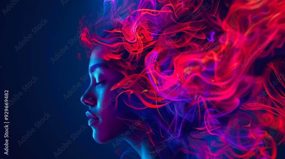 A captivating depiction of a girl with colorful, swirling thoughts, representing the limitless potential of her creative mind A captivating depiction of a girl with colorful, swirling thoughts, representing the limitless potential of her creative mind
