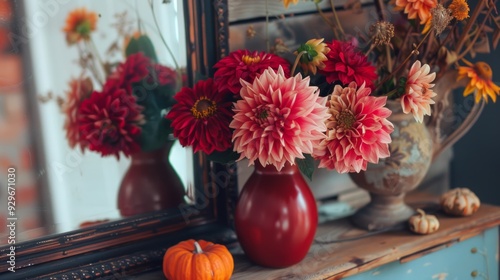Wallpaper Mural Vase with beautiful dahlia flowers, pumpkin and mirror on wooden shelf, closeup Torontodigital.ca