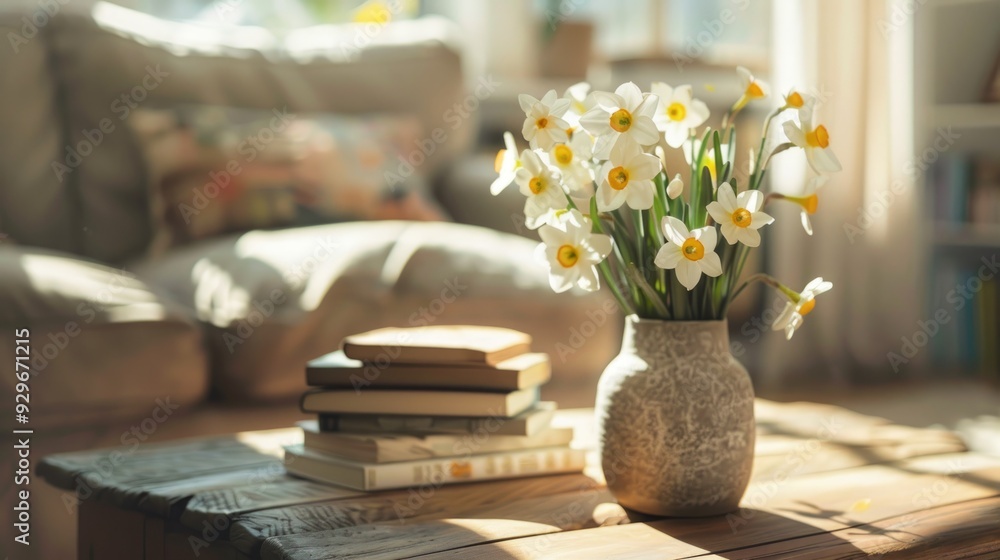 Vase with narcissus flowers and books on coffee table in living room Vase with narcissus flowers and books on coffee table in living room