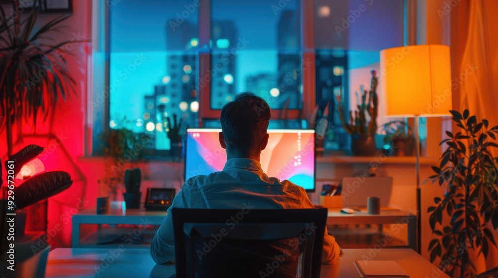LGBTQ worker working late to complete a project, focused on tasks, quiet and productive atmosphere, inclusive work environment, dedication and professionalism, modern office setup LGBTQ worker working late to complete a project, focused on tasks, quiet and productive atmosphere, inclusive work environment, dedication and professionalism, modern office setup