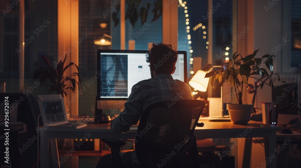 LGBTQ worker working late to complete a project, focused on tasks, quiet and productive atmosphere, inclusive work environment, dedication and professionalism, modern office setup LGBTQ worker working late to complete a project, focused on tasks, quiet and productive atmosphere, inclusive work environment, dedication and professionalism, modern office setup