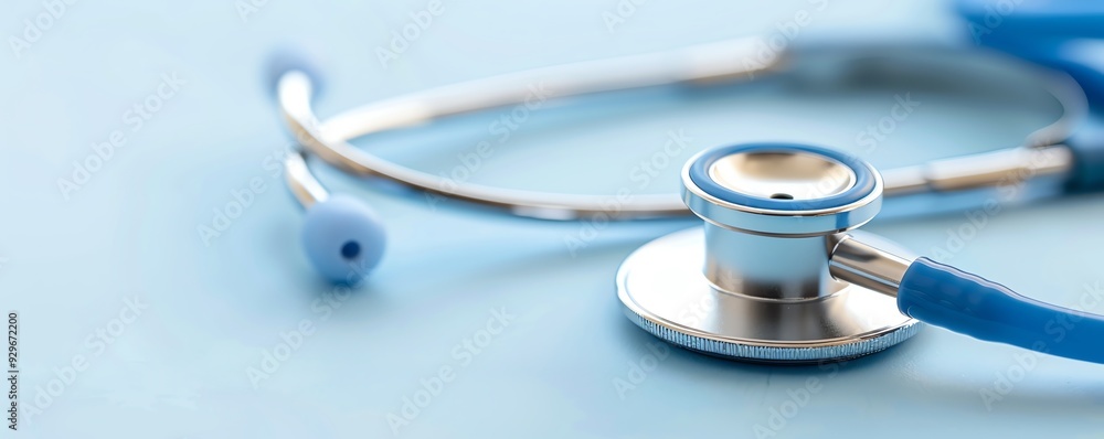 Close-up of a stethoscope on a light blue background, symbolizing healthcare, medicine, and medical technology.