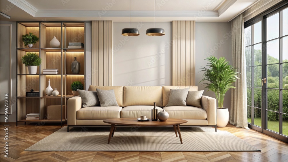 Modernist style living room interior with an elegant cream sofa, modernist, style, living room, interior, elegant Modernist style living room interior with an elegant cream sofa, modernist, style, living room, interior, elegant