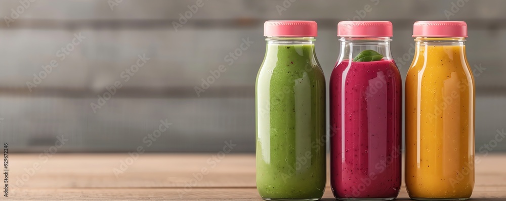 Colorful fresh juice bottles on a wooden table with a rustic background, offering a healthy and refreshing drink option. Colorful fresh juice bottles on a wooden table with a rustic background, offering a healthy and refreshing drink option.