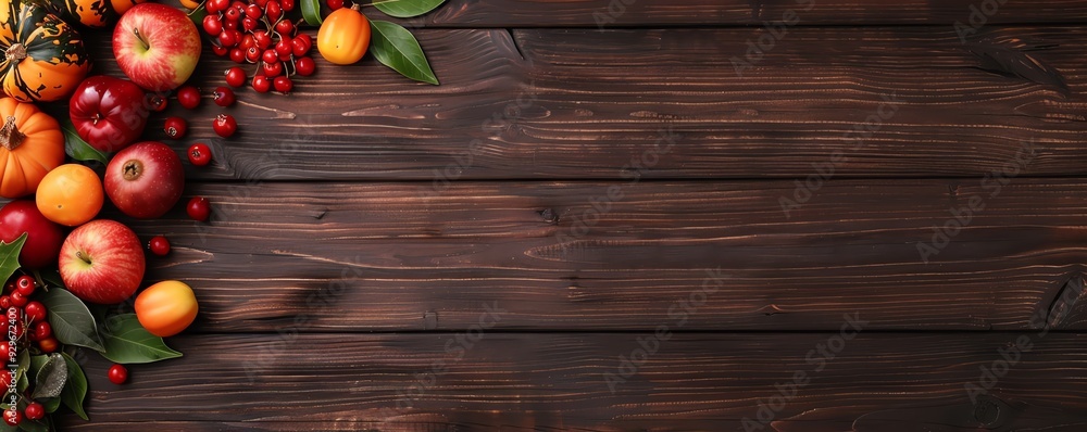 Rustic wooden table adorned with fresh autumn fruits including apples, pumpkins, and berries, providing a warm festive seasonal background.