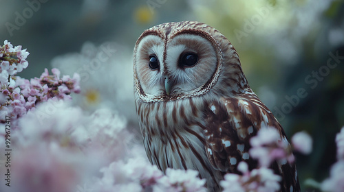 A barred owl resting among blooming flowers in a serene garden at dusk photo