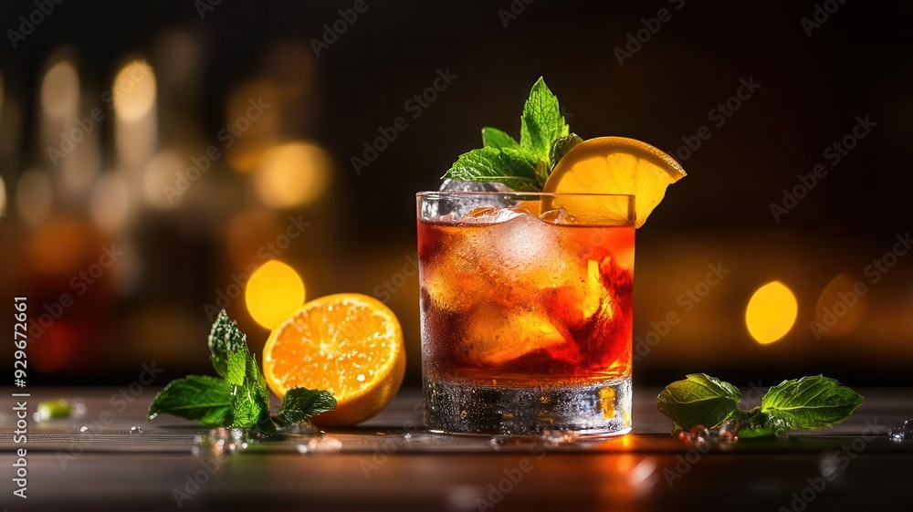 Fototapeta premium Refreshing cocktail with ice, orange slice, and mint on a dimly lit bar setting. Perfect for a summer drink vibe.