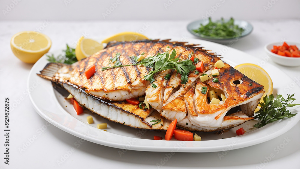 grilled fish with vegetables with white background grilled fish with vegetables with white background