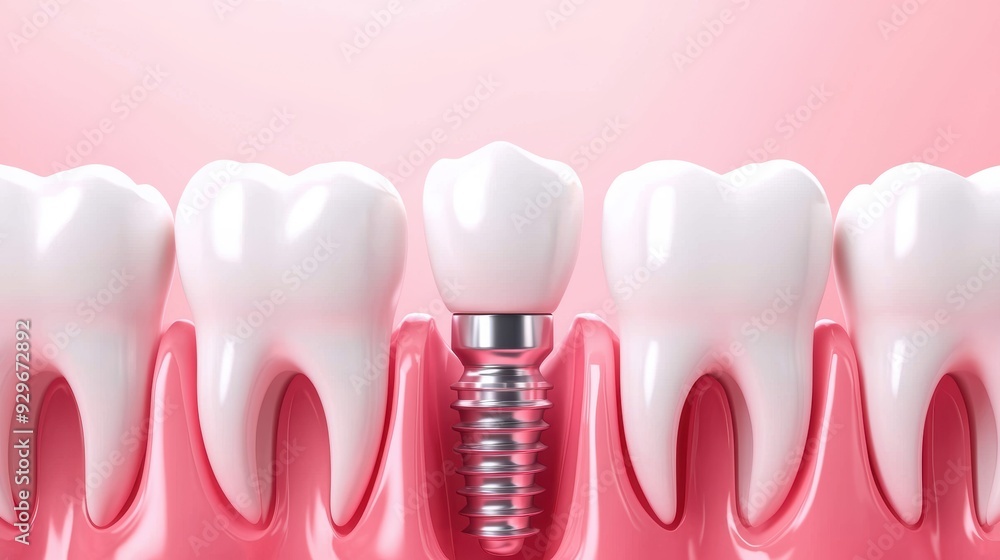 Dental implant in gums with surrounding teeth 3D illustration of a dental implant inserted in gums, surrounded by healthy white teeth, on a soft pink background, highlighting oral health Dental implant in gums with surrounding teeth 3D illustration of a dental implant inserted in gums, surrounded by healthy white teeth, on a soft pink background, highlighting oral health