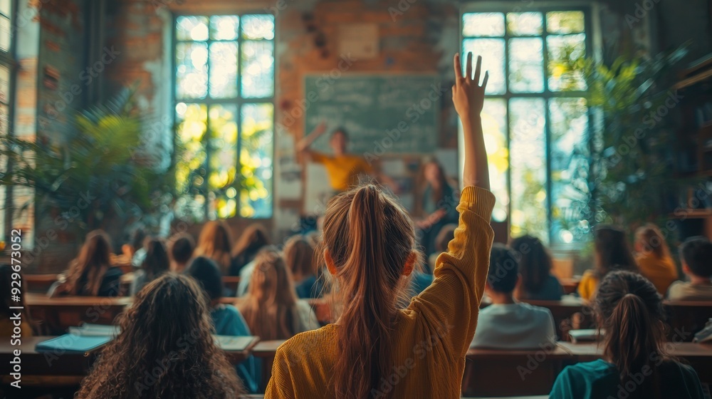 shot from behind of kindergarten students raising one hand to answer questions of teachers in the classroom, surrounded by friends in front, shot from behind of kindergarten students raising one hand to answer questions of teachers in the classroom, surrounded by friends in front,