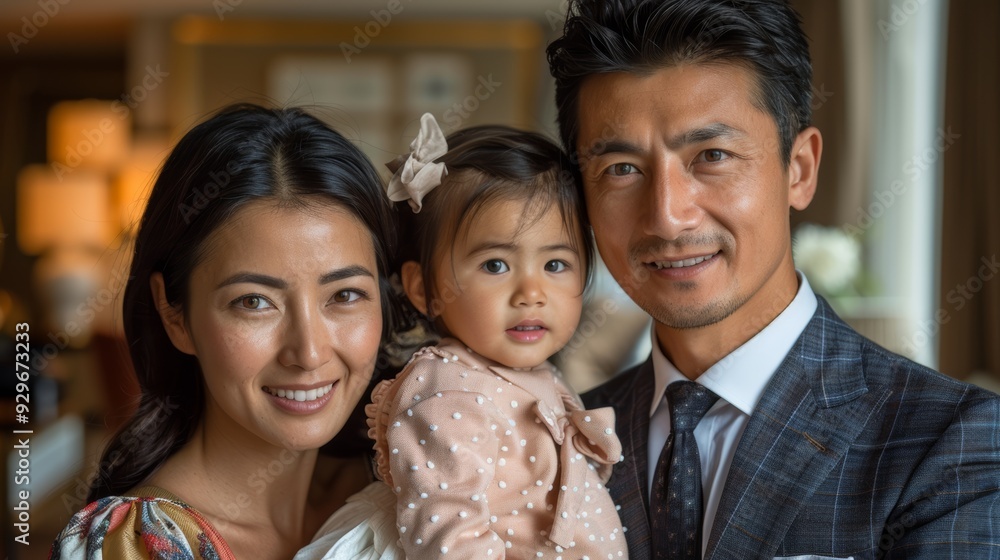 Fototapeta premium Family portrait in a cozy living room with warm lighting, showcasing a smiling couple holding their young daughter