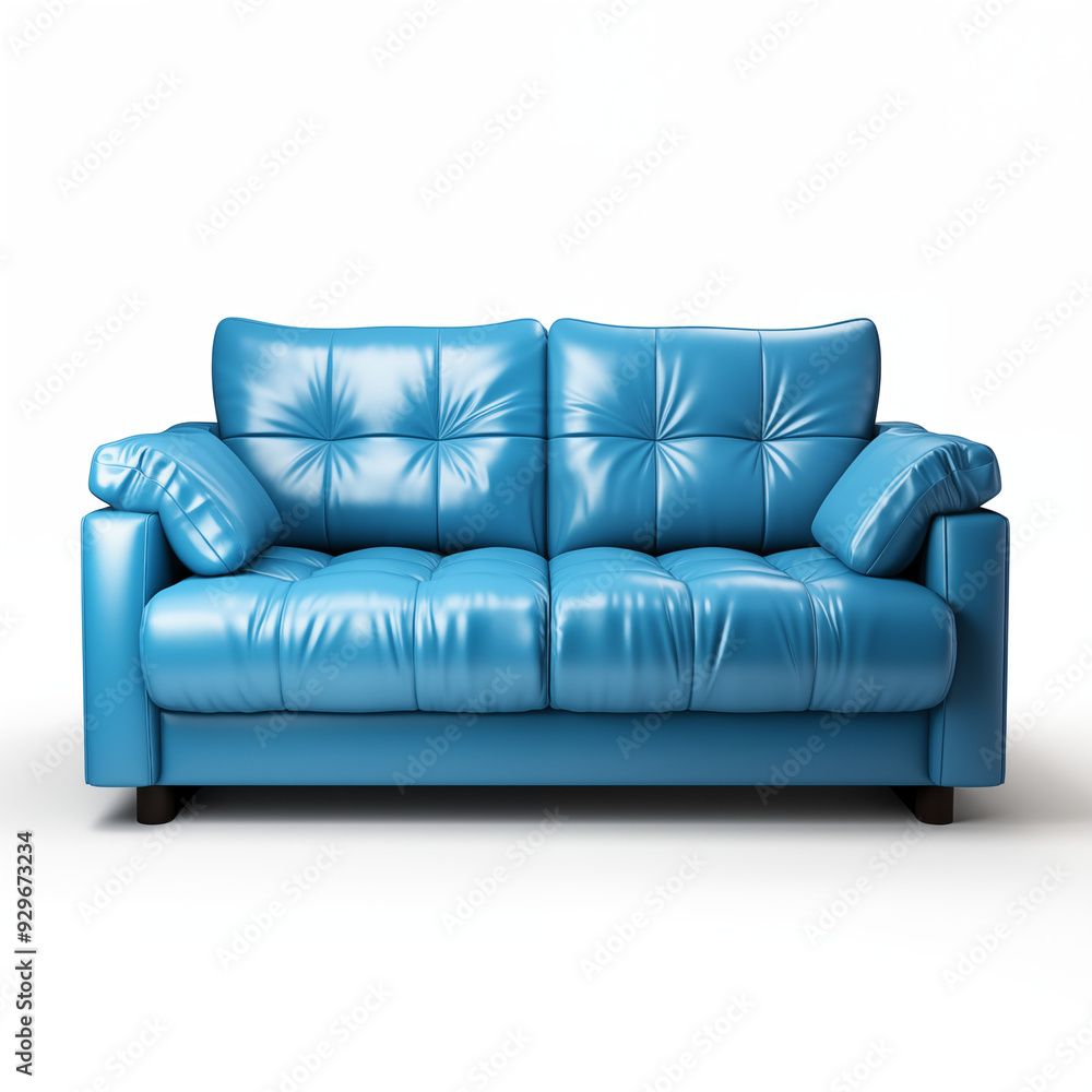 Fototapeta premium Blue Leather Sofa with Pillows Isolated on White Background