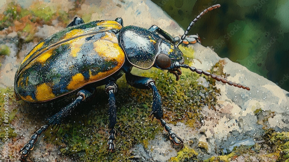 Watercolor beetle with a shiny exoskeleton, resting on a mossy rock. Watercolor beetle with a shiny exoskeleton, resting on a mossy rock.