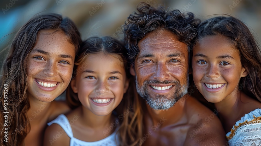 Family enjoying a sunny day at the beach, smiling together in a close-up portrait amidst soft sand and gentle waves Family enjoying a sunny day at the beach, smiling together in a close-up portrait amidst soft sand and gentle waves