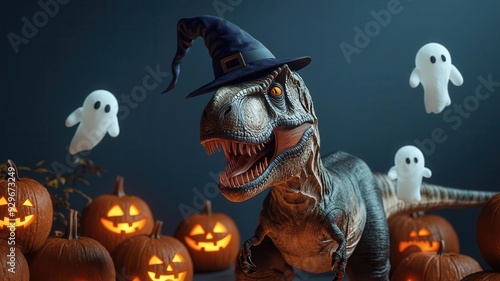 T-Rex wearing a spooky witch hat surrounded by glowing ghost pumpkins, moonlit night, Halloween dinosaur, spooky vibe photo