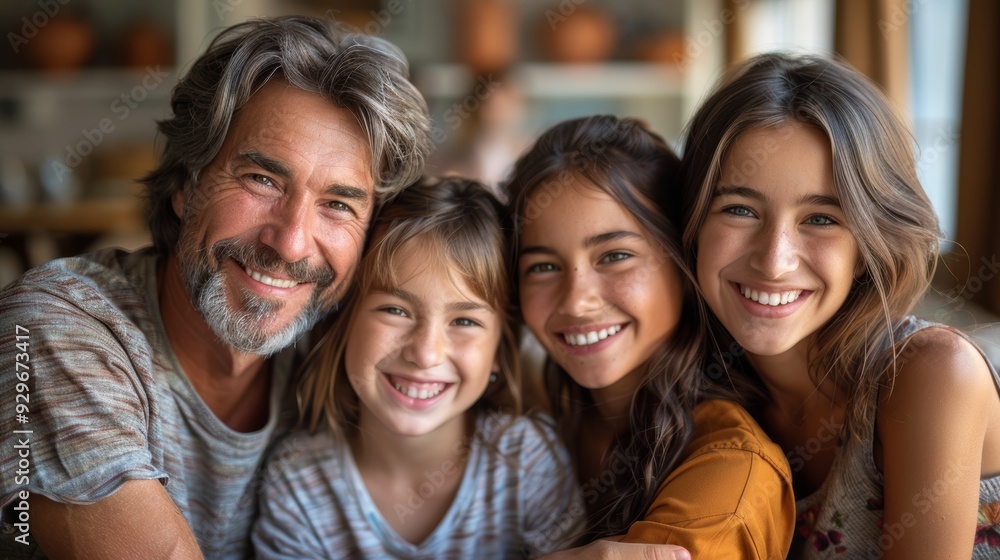 Fototapeta premium Family enjoying time together in a cozy indoor setting, smiling and embracing each other during a joyful gathering