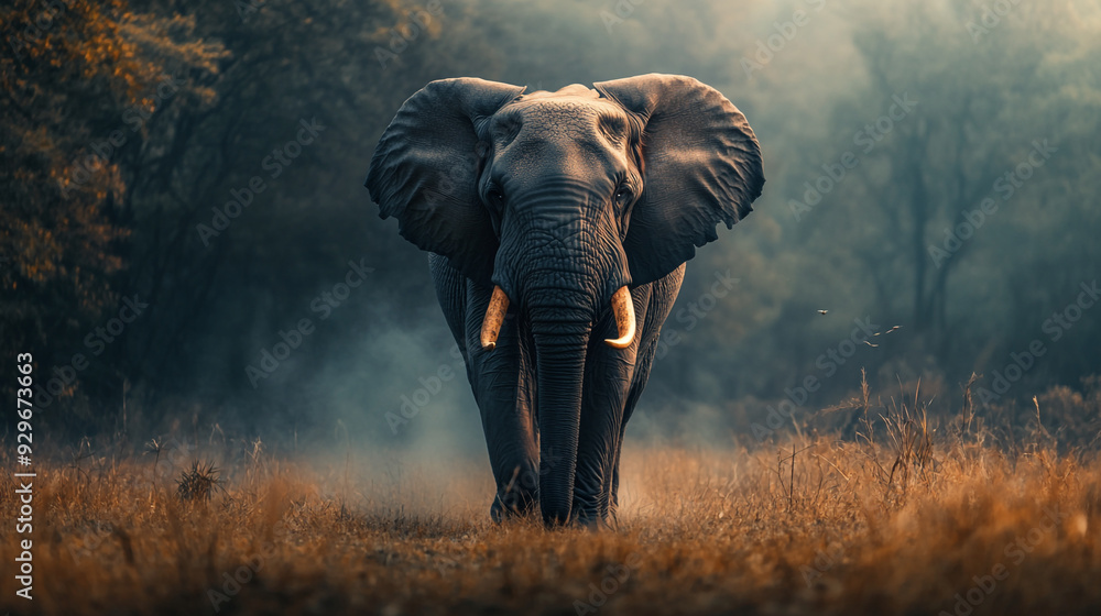 Naklejka premium An elephant walks through a misty, golden grassland during early morning light in a serene wilderness