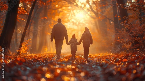 Fototapeta Naklejka Na Ścianę i Meble -  Family stroll in a colorful autumn forest during sunset
