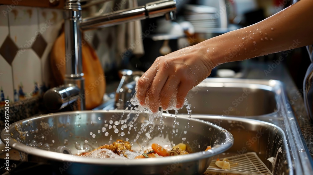 Woman's hands washing dishes in kitchen sink Woman's hands washing dishes in kitchen sink