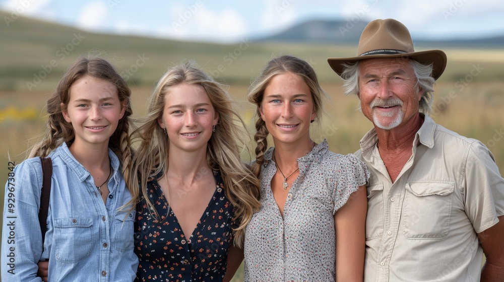 Family portrait in a scenic field during a sunny day with distant mountains Family portrait in a scenic field during a sunny day with distant mountains