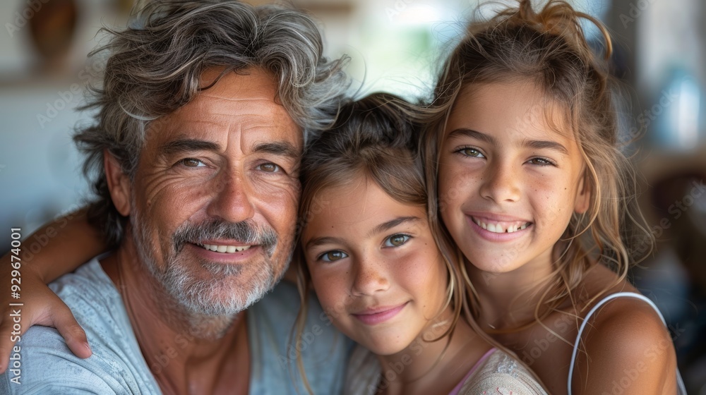 Grandfather enjoying joyful moments with two granddaughters at home during a sunny afternoon Grandfather enjoying joyful moments with two granddaughters at home during a sunny afternoon