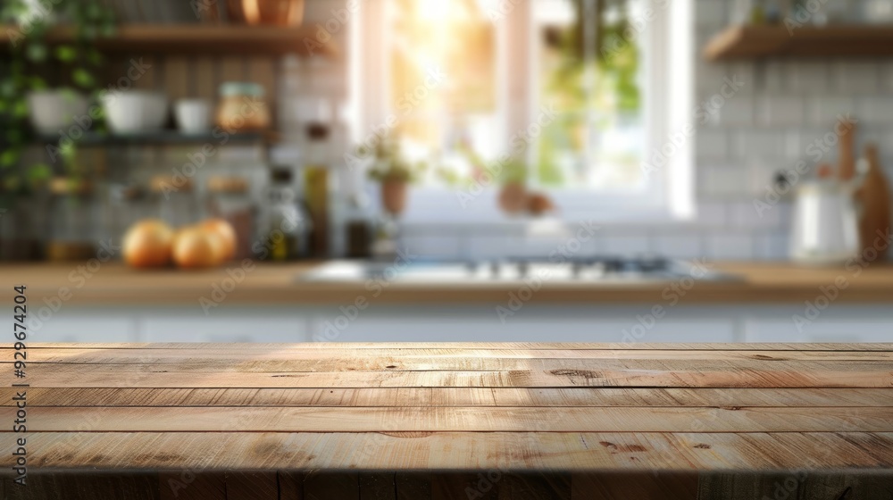 Wood table top on blurred kitchen background. can be used mock up for montage products display or design layout Wood table top on blurred kitchen background. can be used mock up for montage products display or design layout