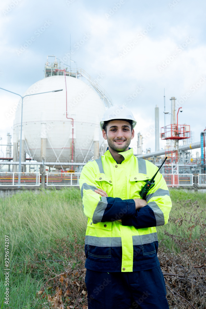 custom made wallpaper toronto digitalVertical image and portrait of engineer or technician worker stand with hold walkie-talkie and stand with arm-crossed in front of petrochemical tank.
