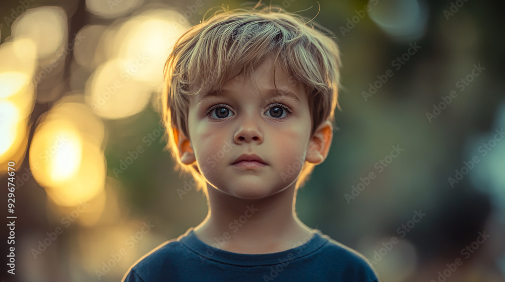 Young boy with tousled hair standing outdoors in soft golden light during early evening Young boy with tousled hair standing outdoors in soft golden light during early evening