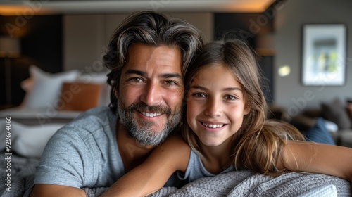 Father and daughter smile together while relaxing indoors in a cozy bedroom during the afternoon