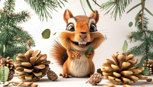 smiling fun squirrel cute white background 3D pinecone, green leaves and brown branches