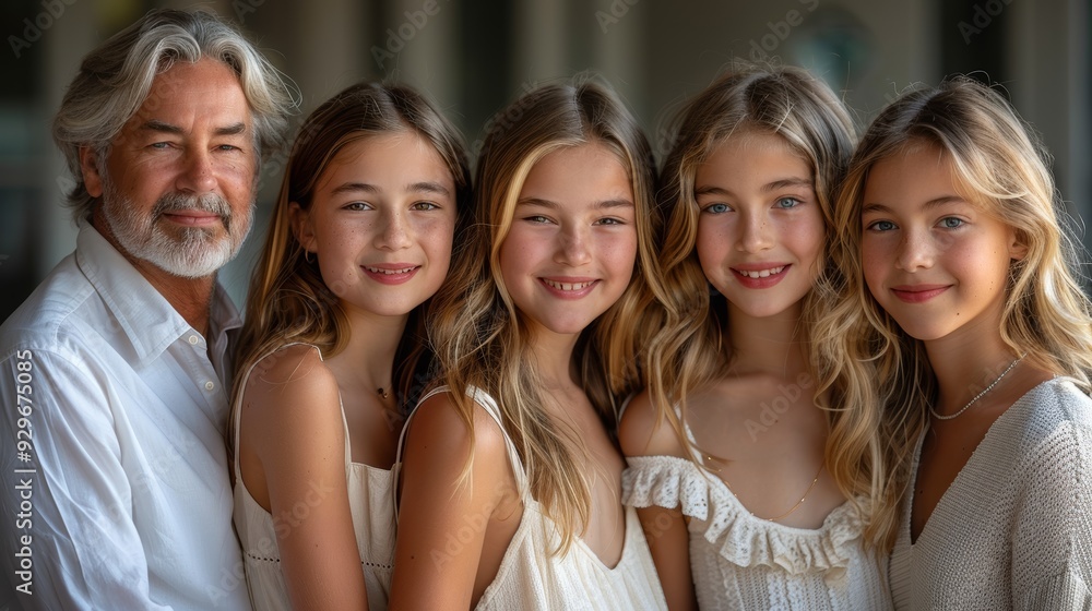Fototapeta premium Family portrait of four young girls with an older man in a warm, natural setting during daylight