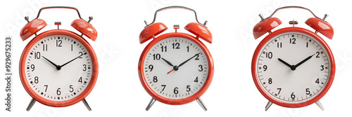 Vintage alarm clocks with bells on top in red color isolated on transparent background