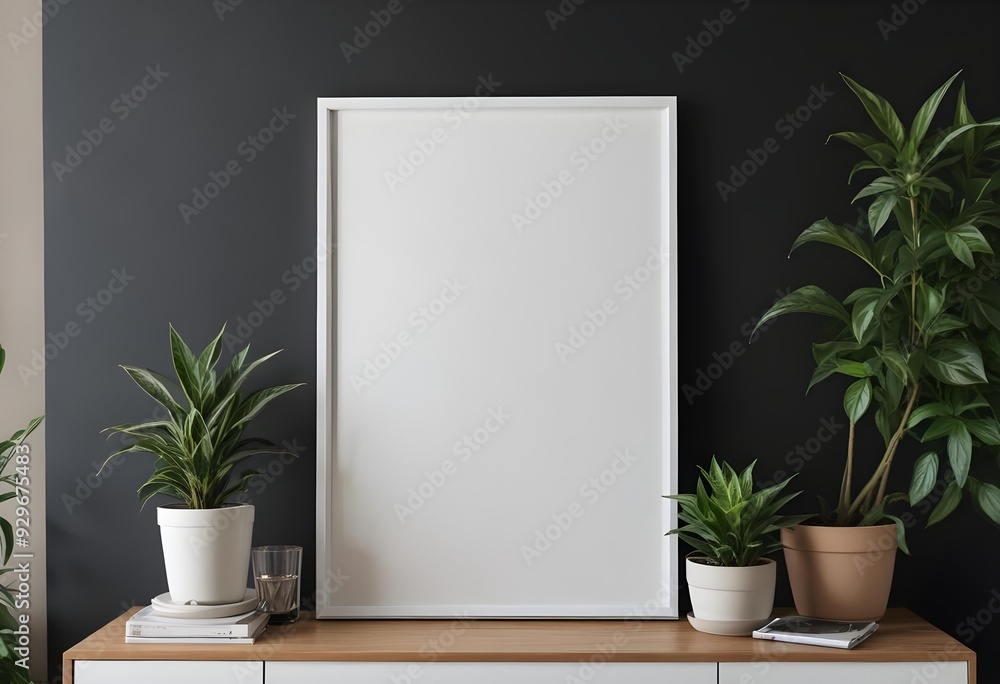 A white framed canvas or poster on a wooden shelf, with potted plants on either side. A white framed canvas or poster on a wooden shelf, with potted plants on either side.