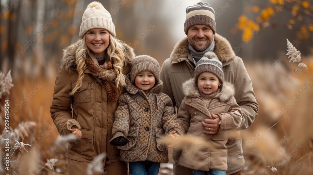 Family enjoying a walk in an autumn forest, bundled in cozy coats and hats, surrounded by colorful foliage and soft sunlight Family enjoying a walk in an autumn forest, bundled in cozy coats and hats, surrounded by colorful foliage and soft sunlight