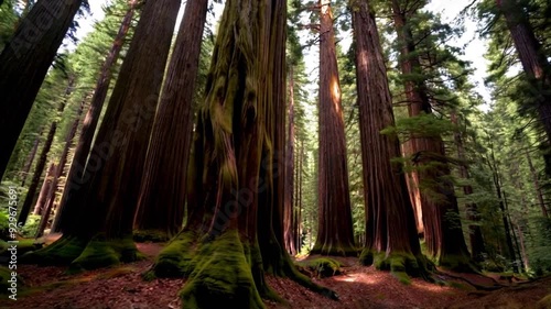 Exploring ancient sequoia trees in a lush forest at midday
