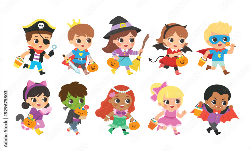 Set of Children dressed in Halloween costumes to go Trick or Treating. Characters in spooky holiday. Cute kids in Witch, prince, pirate, mermaid, Hero, Devil , cat and spooky pumpkin. Set of Children dressed in Halloween costumes to go Trick or Treating. Characters in spooky holiday. Cute kids in Witch, prince, pirate, mermaid, Hero, Devil , cat and spooky pumpkin.