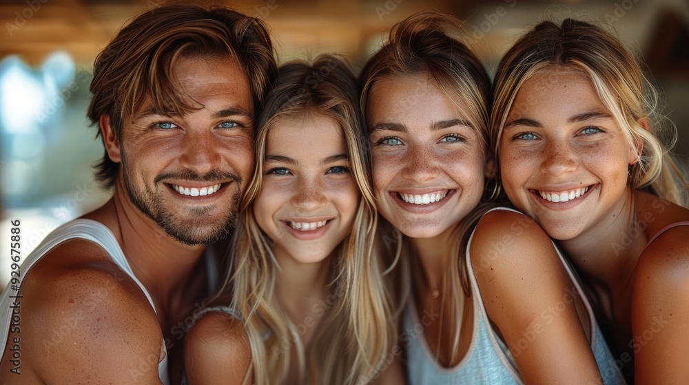 A group of four friends smiling and posing together on a sunny day at a beachside location A group of four friends smiling and posing together on a sunny day at a beachside location